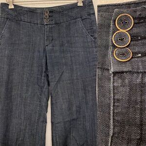 Maurices mid rise dark chambray blue jeans fabric button boot cut 7/8 Long